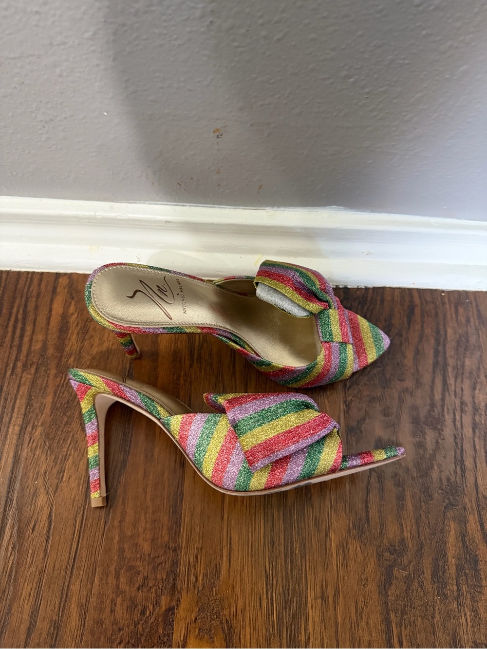 Antonio Melani Women’s Multicolor Striped Glitter Slide Heels